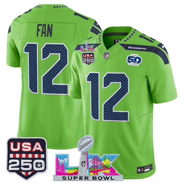 Seattle Seahawks #12 Fan Green 2025 F.U.S.E. Super Bowl LX Patch And 50th Season & USA 250' Patch Vapor Limited Football Stitched Jersey