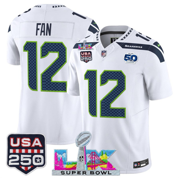 Seattle Seahawks #12 Fan White 2025 F.U.S.E. Super Bowl LX Patch And 50th Season & USA 250' Patch Vapor Limited Football Stitched Jersey