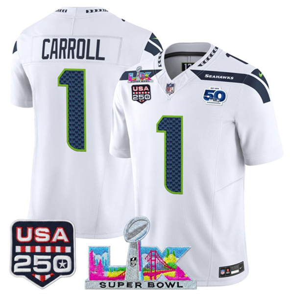 Seattle Seahawks #1 Pete Carroll White 2025 F.U.S.E. Super Bowl LX Patch And 50th Season & USA 250' Patch Vapor Limited Football Stitched Jersey