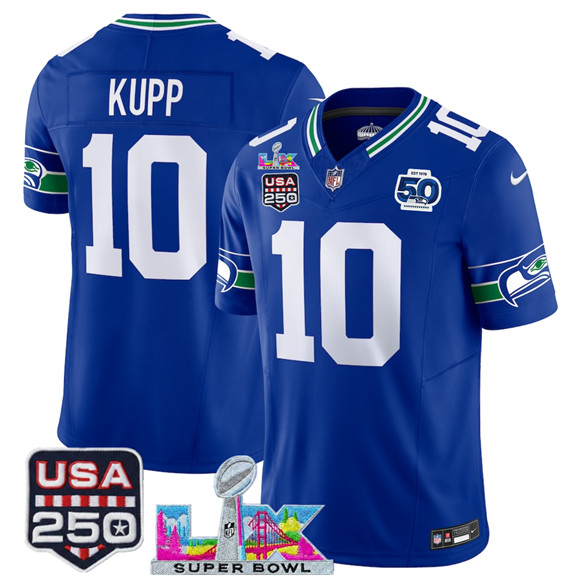Seattle Seahawks #10 Cooper Kupp Royal 2025 F.U.S.E. Super Bowl LX Patch And 50th Season Patch Vapor Throwback Limited Football Stitched Jersey