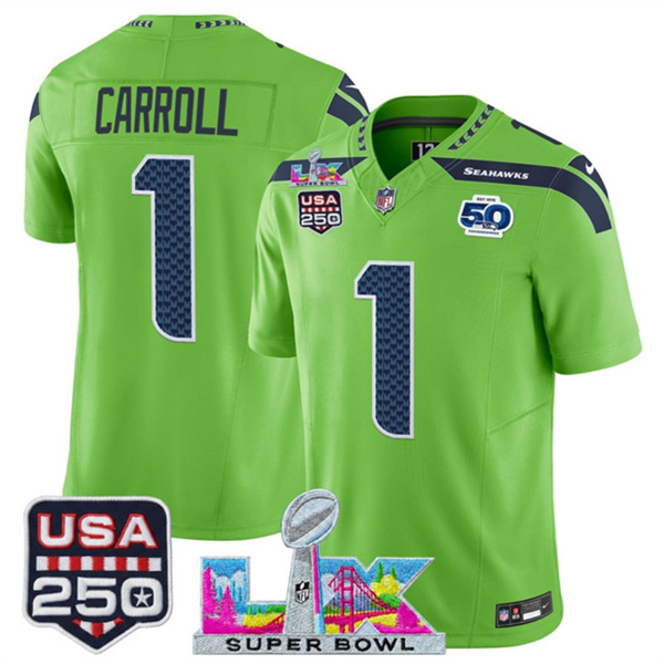 Seattle Seahawks #1 Pete Carroll Green 2025 F.U.S.E. Super Bowl LX Patch And 50th Season & USA 250' Patch Vapor Limited Football Stitched Jersey