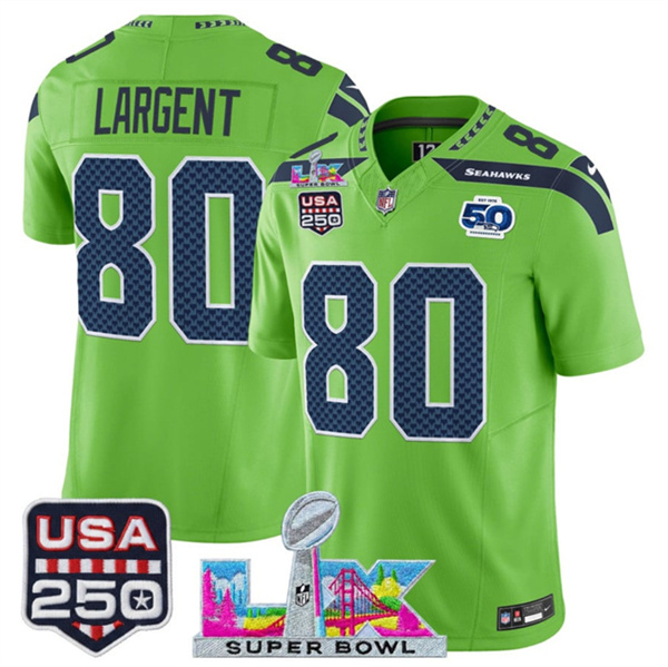Seattle Seahawks #80 Steve Largent Green 2025 F.U.S.E. Super Bowl LX Patch And 50th Season & USA 250' Patch Vapor Limited Football Stitched Jersey