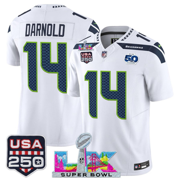 Seattle Seahawks #14 Sam Darnold White 2025 F.U.S.E. Super Bowl LX Patch And 50th Season & USA 250' Patch Vapor Limited Football Stitched Jersey