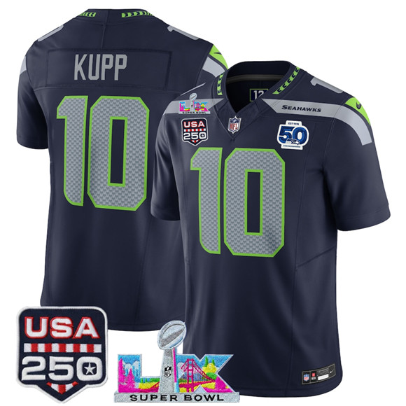 Seattle Seahawks #10 Cooper Kupp Navy 2025 F.U.S.E. Super Bowl LX Patch And 50th Season Patch Vapor Limited Football Stitched Jersey