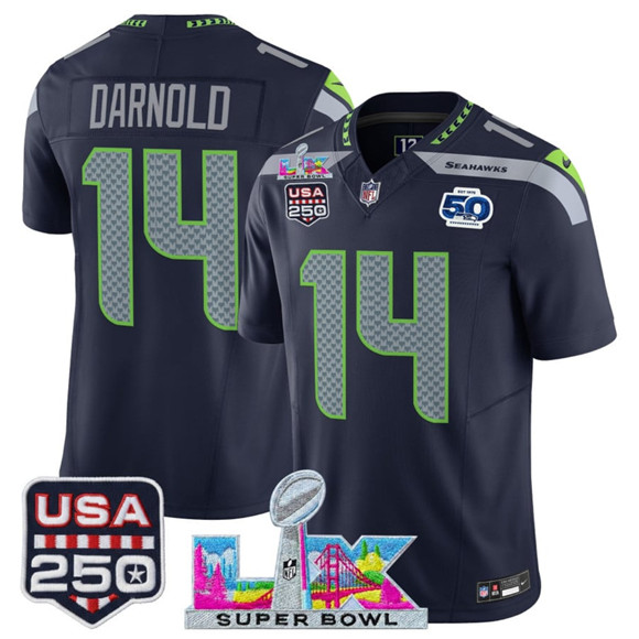 Seattle Seahawks #14 Sam Darnold Navy 2025 F.U.S.E. Super Bowl LX Patch And 50th Season & USA 250' Patch Vapor Throwback Limited Football Stitched Jersey