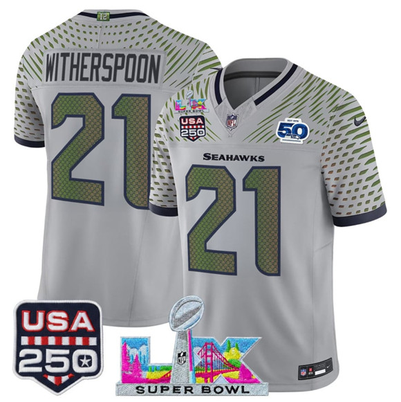 Seattle Seahawks #21 Devon Witherspoon Gray 2025 F.U.S.E. Super Bowl LX & US 250th anniversary Patch And 50th Season Patch ??Rivalries?? Vapor Limited Football Stitched Jersey