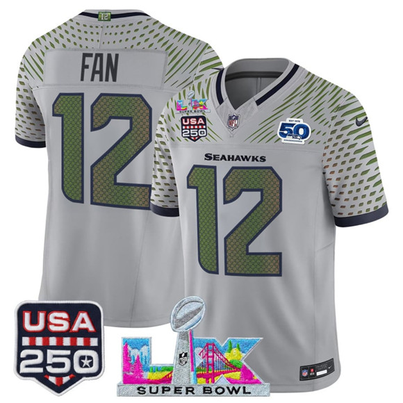 Seattle Seahawks #12 Fan Gray 2025 F.U.S.E. Super Bowl LX & US 250th anniversary Patch And 50th Season Patch ??Rivalries?? Vapor Limited Football Stitched Jersey