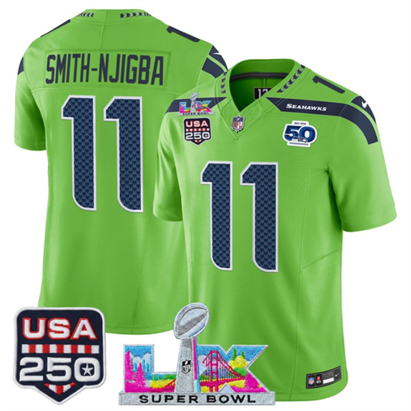 Seattle Seahawks #11 Jaxon Smith-Njigba Green 2025 F.U.S.E. Super Bowl LX Patch And 50th Season & USA 250' Patch Vapor Limited Football Stitched Jersey