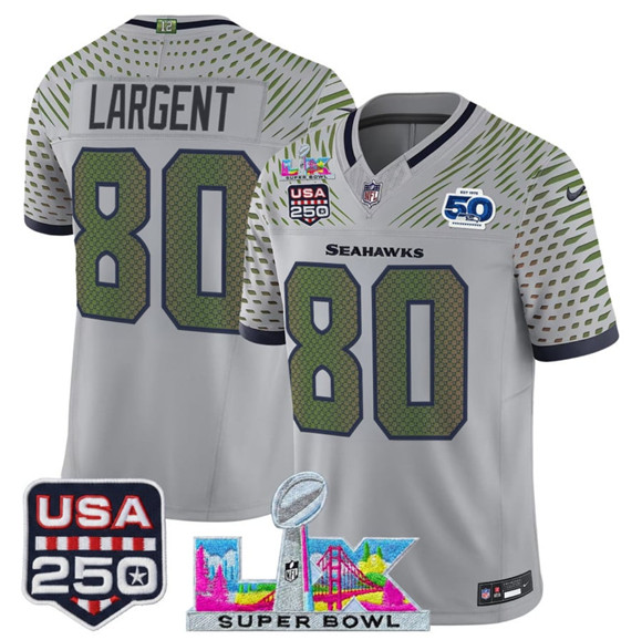 Seattle Seahawks #80 Steve Largent Gray 2025 F.U.S.E. Super Bowl LX & US 250th anniversary Patch And 50th Season Patch ??Rivalries?? Vapor Limited Football Stitched Jersey
