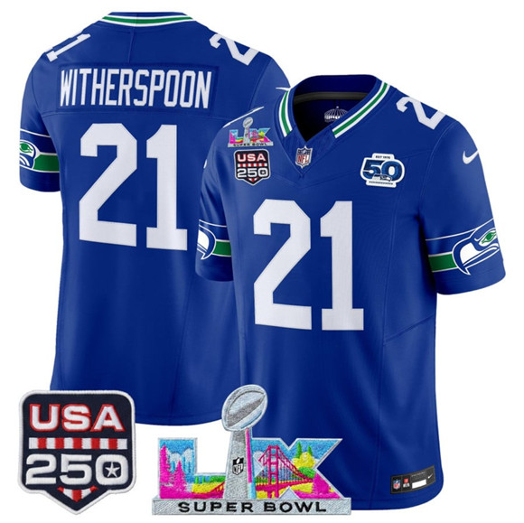 Seattle Seahawks #21 Devon Witherspoon Royal 2025 F.U.S.E. Super Bowl LX Patch And 50th Season & USA 250' Patch Vapor Throwback Limited Football Stitched Jersey