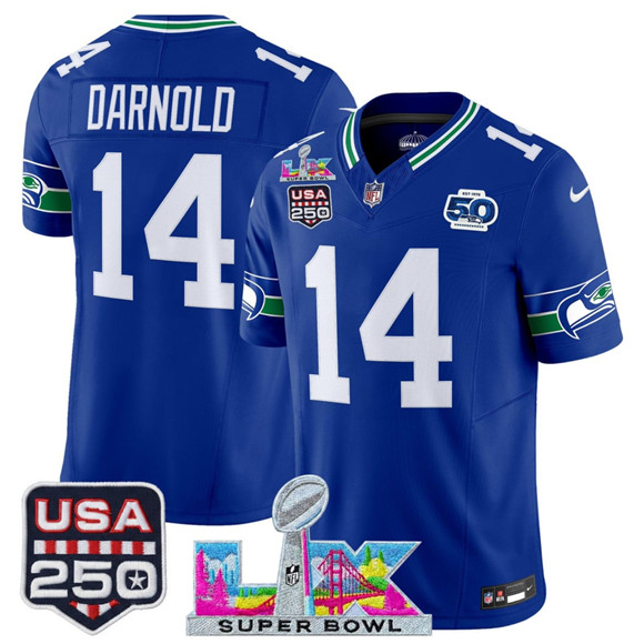 Seattle Seahawks #14 Sam Darnold Royal 2025 F.U.S.E. Super Bowl LX Patch And 50th Season & USA 250' Patch Vapor Throwback Limited Football Stitched Jersey