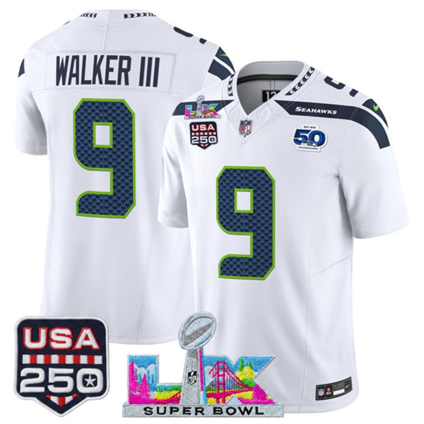 Seattle Seahawks #9 Kenneth Walker III White 2025 F.U.S.E. Super Bowl LX Patch And 50th Season & USA 250' Patch Vapor Limited Football Stitched Jersey