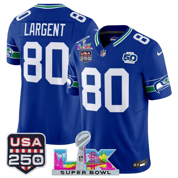 Seattle Seahawks #80 Steve Largent Royal 2025 F.U.S.E. Super Bowl LX Patch And 50th Season & USA 250' Patch Vapor Throwback Limited Football Stitched Jersey