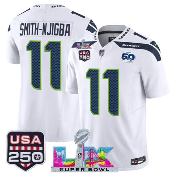 Seattle Seahawks #11 Jaxon Smith-Njigba White 2025 F.U.S.E. Super Bowl LX Patch And 50th Season & USA 250' Patch Vapor Limited Football Stitched Jersey