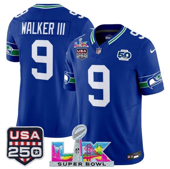 Seattle Seahawks #9 Kenneth Walker III Royal 2025 F.U.S.E. Super Bowl LX Patch And 50th Season & USA 250' Patch Vapor Throwback Limited Football Stitched Jersey
