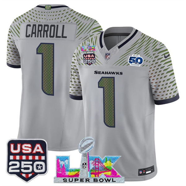 Seattle Seahawks #1 Pete Carroll Gray 2025 F.U.S.E. Super Bowl LX & US 250th anniversary Patch And 50th Season Patch ??Rivalries?? Vapor Limited Football Stitched Jersey