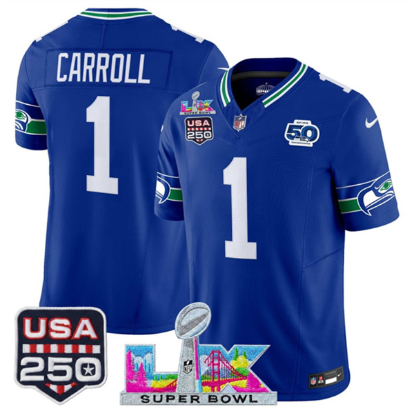 Seattle Seahawks #1 Pete Carroll Royal 2025 F.U.S.E. Super Bowl LX Patch And 50th Season & USA 250' Patch Vapor Throwback Limited Football Stitched Jersey