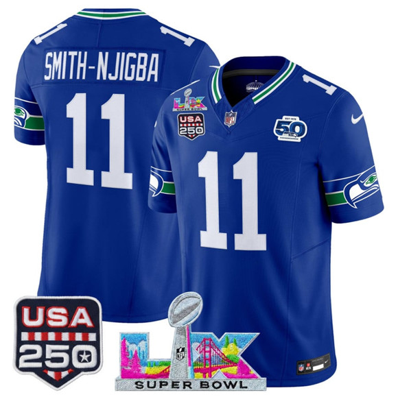 Seattle Seahawks #11 Jaxon Smith-Njigba Royal 2025 F.U.S.E. Super Bowl LX Patch And 50th Season & USA 250' Patch Vapor Throwback Limited Football Stitched Jersey