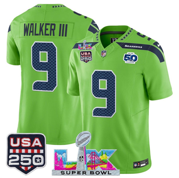 Seattle Seahawks #9 Kenneth Walker III Green 2025 F.U.S.E. Super Bowl LX Patch And 50th Season & USA 250' Patch Vapor Limited Football Stitched Jersey