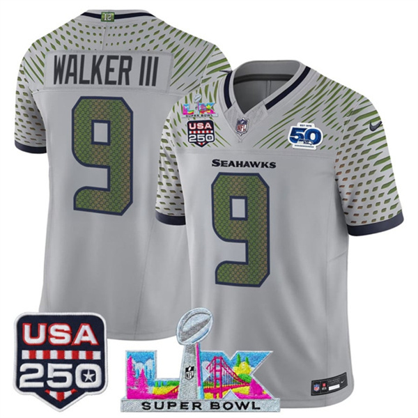 Seattle Seahawks #9 Kenneth Walker III Gray 2025 F.U.S.E. Super Bowl LX & US 250th anniversary Patch And 50th Season Patch ??Rivalries?? Vapor Limited Football Stitched Jersey