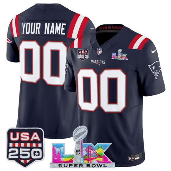 New England Patriots Active Player Custom Navy 2025 F.U.S.E. Super Bowl LX & USA 250' Patch Vapor Limited Football Stitched Jersey New England Patriots Active Player Custom Navy 2025 F.U.S.E. Super Bowl LX & USA 250' Patch Vapor Limited Football Stitched Jersey