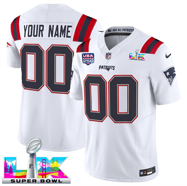 New England Patriots Active Player Custom White 2025 F.U.S.E. Super Bowl LX & USA 250' Patch Vapor Limited Football Stitched Jersey New England Patriots Active Player Custom White 2025 F.U.S.E. Super Bowl LX & USA 250' Patch Vapor Limited Football Stitched Jersey