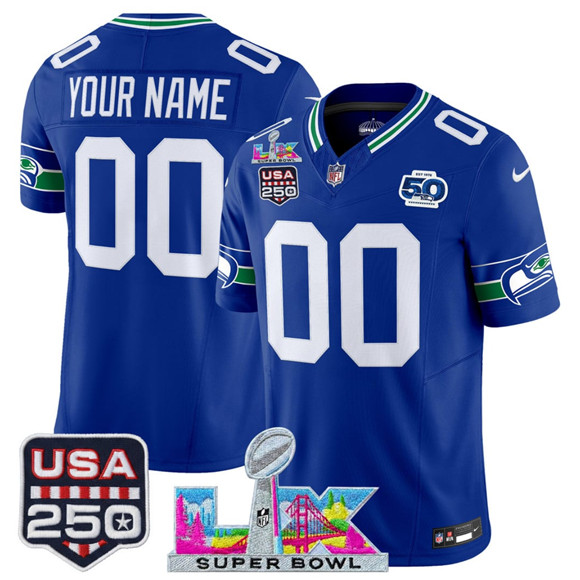Seattle Seahawks Active Player Custom Royal 2025 F.U.S.E. Super Bowl LX & US 250th anniversary Patch And 50th Season Patch Vapor Throwback Limited Football Stitched Jersey