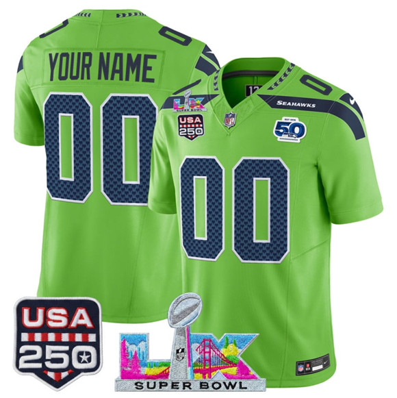 Seattle Seahawks Active Player Custom Green 2025 F.U.S.E. Super Bowl LX & US 250th anniversary Patch And 50th Season Patch Vapor Limited Football Stitched Jersey