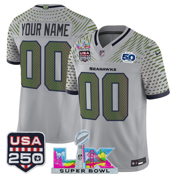 Seattle Seahawks Active Player Custom Gray 2025 F.U.S.E. Super Bowl LX & US 250th anniversary Patch And 50th Season Patch ??Rivalries?? Vapor Limited Football Stitched Jersey