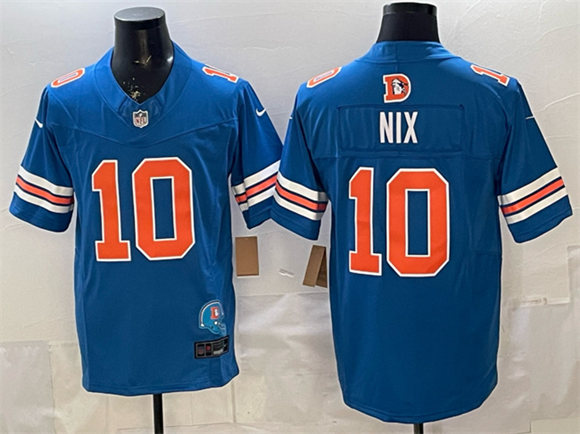 Denver Broncos #10 Bo Nix Blue F.U.S.E. With Patch Throwback Vapor Limited Football Stitched Jersey