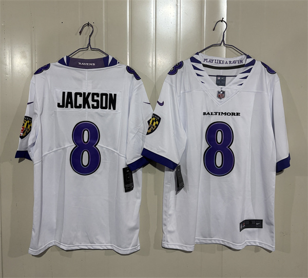 Baltimore Ravens #8 Lamar Jackson White 2026 Alternate Vapor Limited Football Stitched Jersey Baltimore Ravens #8 Lamar Jackson White 2026 Alternate Vapor Limited Football Stitched Jersey