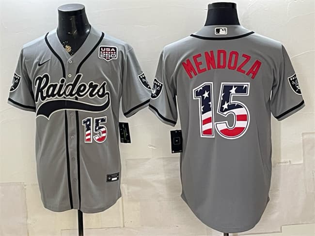 Las Vegas Raiders #15 Fernando Mendoza Gray USA 250 Fourth of July Vapor Limited Stitched Baseball Jersey