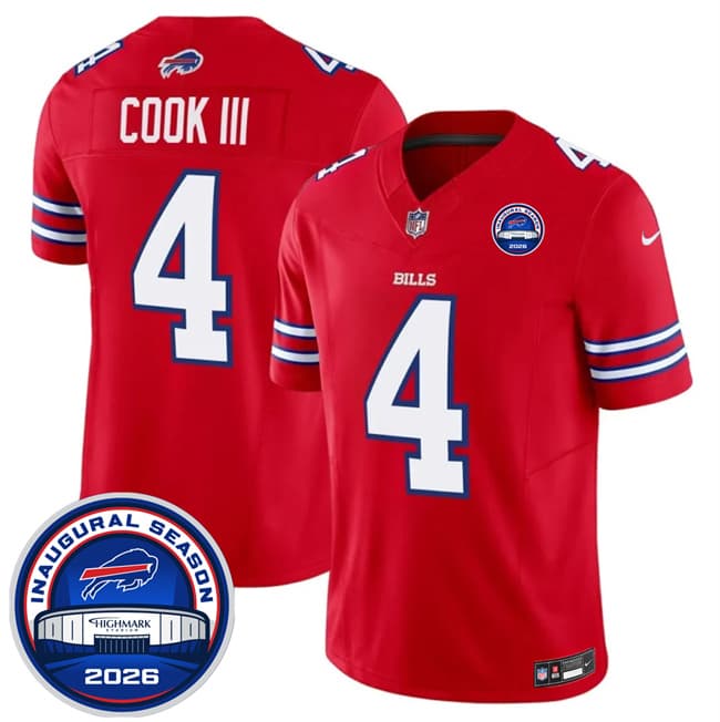 Buffalo Bills #4 James Cook III Red F.U.S.E. 2026 Inaugural Season at Highmark Stadium Football Stitched Jersey Buffalo Bills #4 James Cook III Red F.U.S.E. 2026 Inaugural Season at Highmark Stadium Football Stitched Jersey