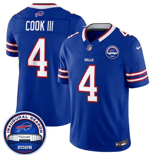 Buffalo Bills #4 James Cook III Blue F.U.S.E. 2026 Inaugural Season at Highmark Stadium Football Stitched Jersey Buffalo Bills #4 James Cook III Blue F.U.S.E. 2026 Inaugural Season at Highmark Stadium Football Stitched Jersey