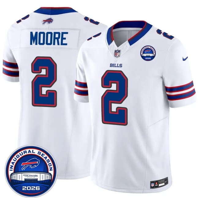 Buffalo Bills #2 D.J. Moore White F.U.S.E. 2026 Inaugural Season at Highmark Stadium Patch Football Stitched Jersey Buffalo Bills #2 D.J. Moore White F.U.S.E. 2026 Inaugural Season at Highmark Stadium Patch Football Stitched Jersey