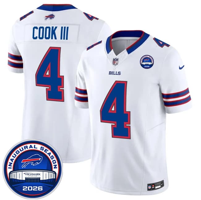 Buffalo Bills #4 James Cook III White F.U.S.E. 2026 Inaugural Season at Highmark Stadium Football Stitched Jersey Buffalo Bills #4 James Cook III White F.U.S.E. 2026 Inaugural Season at Highmark Stadium Football Stitched Jersey