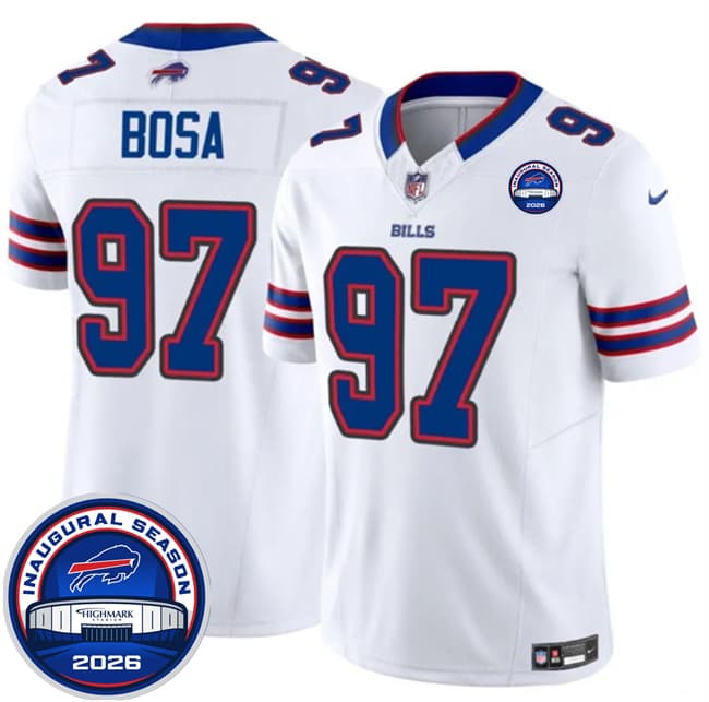 Buffalo Bills #97 Joey Bosa White F.U.S.E. 2026 Inaugural Season at Highmark Stadium Football Stitched Jersey Buffalo Bills #97 Joey Bosa White F.U.S.E. 2026 Inaugural Season at Highmark Stadium Football Stitched Jersey