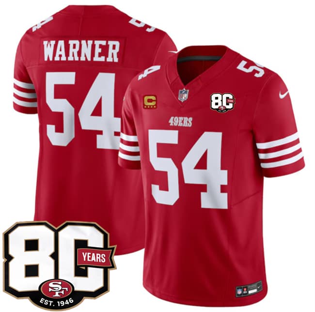 San Francisco 49ers #54 Fred Warner Red 80th Anniversary Patch And 4-Star C Patch 2026 F.U.S.E. Vapor Untouchable Limited Football Stitched Jersey