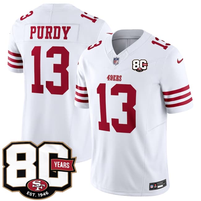 San Francisco 49ers #13 Brock Purdy White 80th Anniversary Patch 2026 F.U.S.E. Vapor Untouchable Limited Football Stitched Jersey San Francisco 49ers #13 Brock Purdy White 80th Anniversary Patch 2026 F.U.S.E. Vapor Untouchable Limited Football Stitched Jersey