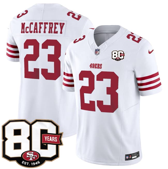 San Francisco 49ers #23 Christian McCaffrey White 80th Anniversary Patch 2026 F.U.S.E. Vapor Untouchable Limited Football Stitched Jersey San Francisco 49ers #23 Christian McCaffrey White 80th Anniversary Patch 2026 F.U.S.E. Vapor Untouchable Limited Football Stitched Jersey