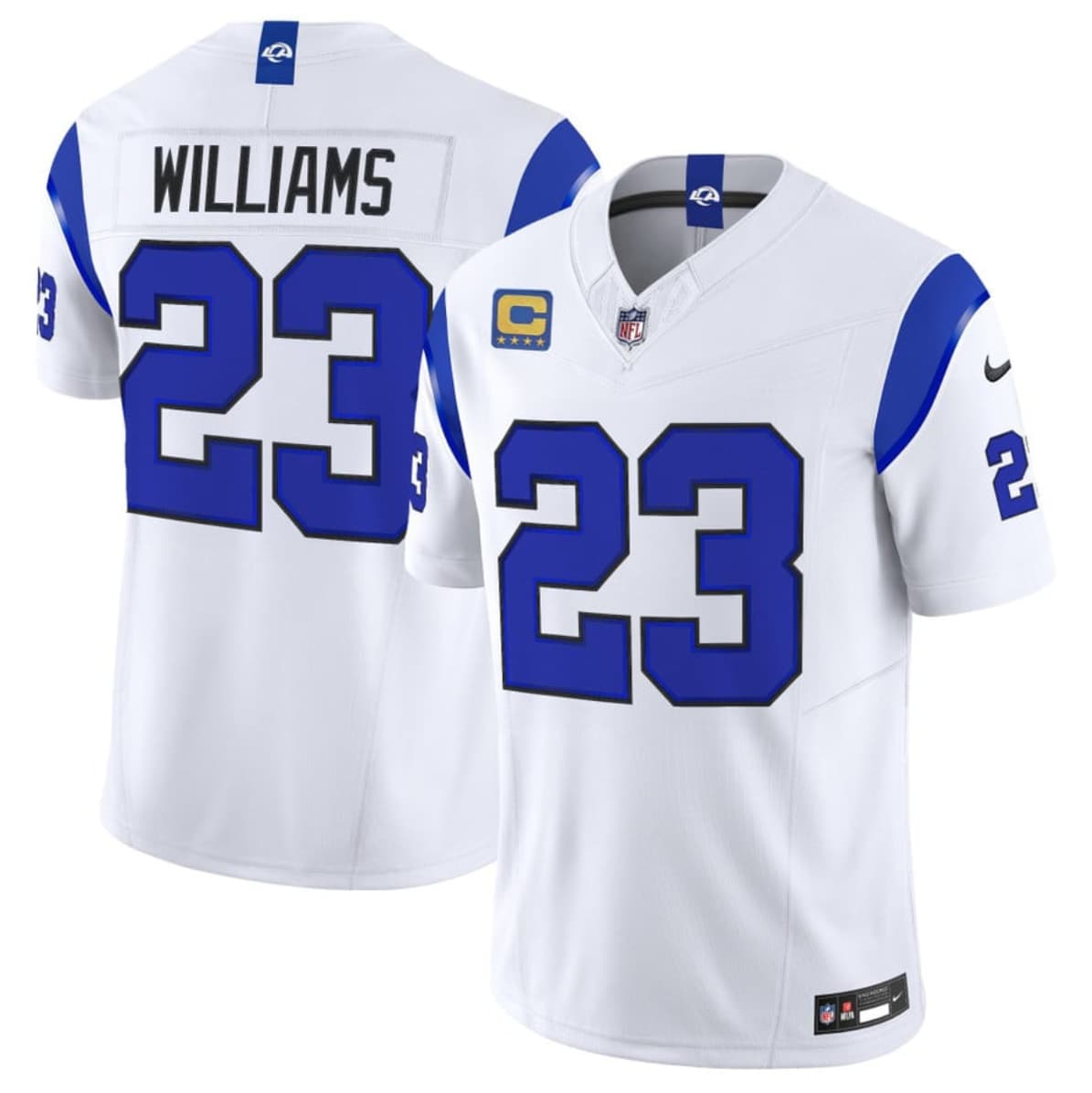Los Angeles Rams #23 Kyren Williams White 2026 F.U.S.E. With 4- Star C Patch Vapor Limited Football Stitched Jersey Los Angeles Rams #23 Kyren Williams White 2026 F.U.S.E. With 4- Star C Patch Vapor Limited Football Stitched Jersey