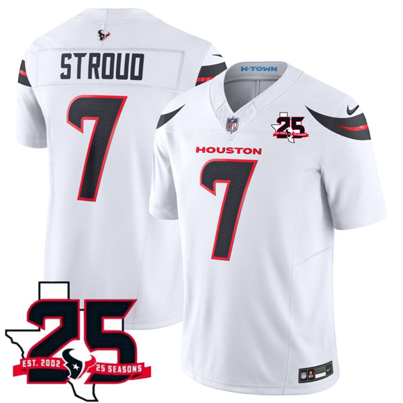 Houston Texans #7 C.J. Stroud White 2026 F.U.S.E. With 25th Anniversary Patch Limited Football Stitched Jersey Houston Texans #7 C.J. Stroud White 2026 F.U.S.E. With 25th Anniversary Patch Limited Football Stitched Jersey