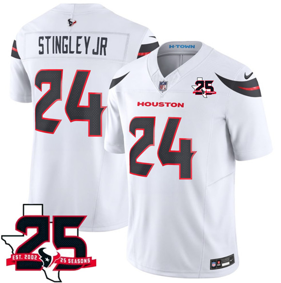 Houston Texans #24 Derek Stingley Jr. White 2026 F.U.S.E. With 25th Anniversary Patch Limited Football Stitched Jersey Houston Texans #24 Derek Stingley Jr. White 2026 F.U.S.E. With 25th Anniversary Patch Limited Football Stitched Jersey