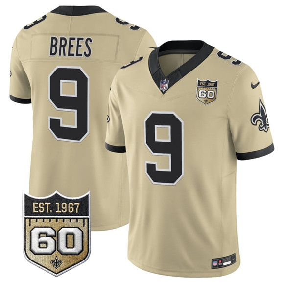 New Orleans Saints #9 Drew Brees Gold 2026 F.U.S.E 60th Anniversary Patch Vapor Limited Football Stitched Jersey