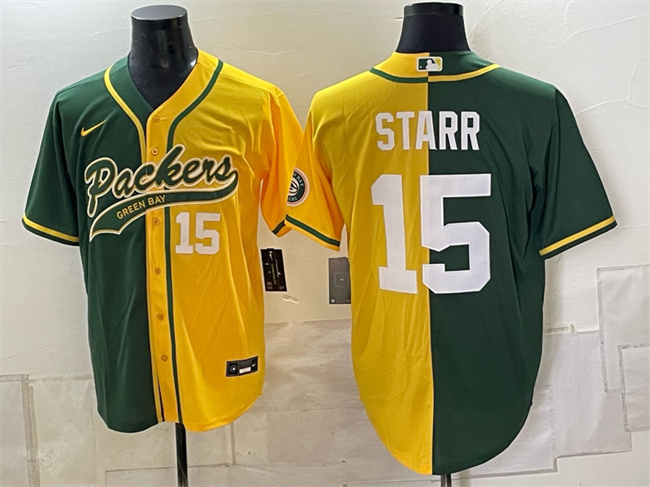 Green Bay Packers #15 Bart Starr Green Gold Split Cool Base Stitched Baseball Jersey