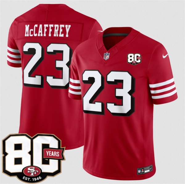 San Francisco 49ers #23 Christian McCaffrey New Red 80th Anniversary Patch 2026 F.U.S.E. Vapor Untouchabl Limited Football Stitched Jersey San Francisco 49ers #23 Christian McCaffrey New Red 80th Anniversary Patch 2026 F.U.S.E. Vapor Untouchabl Limited Football Stitched Jersey