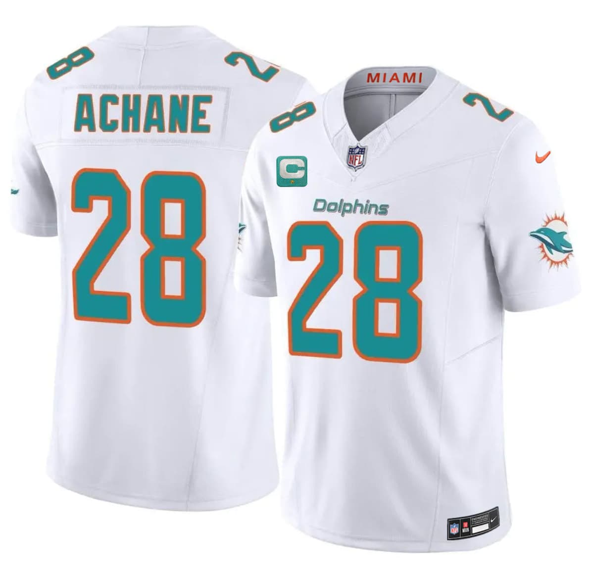 Miami Dolphins #28 De'Von Achane White 2026 F.U.S.E. 1-Star C Patch Vapor Limited Football Stitched Jersey Miami Dolphins #28 De'Von Achane White 2026 F.U.S.E. 1-Star C Patch Vapor Limited Football Stitched Jersey