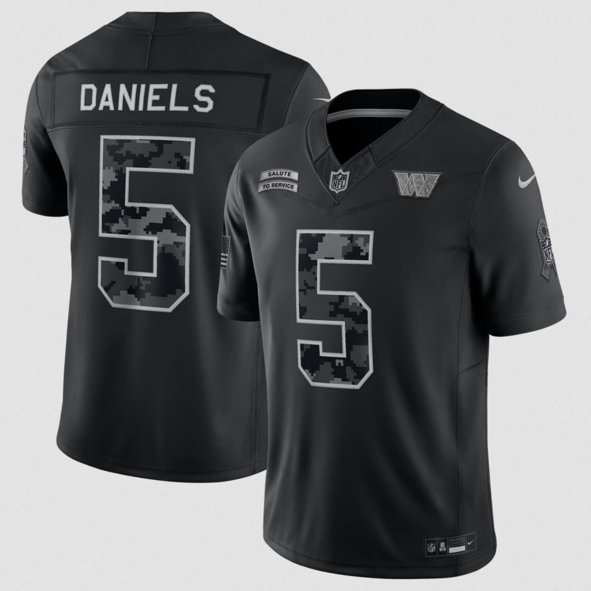 Washington Commanders #5 Jayden Daniels Black 2026 F.U.S.E. Salute to Service Limited Football Stitched Jersey Washington Commanders #5 Jayden Daniels Black 2026 F.U.S.E. Salute to Service Limited Football Stitched Jersey