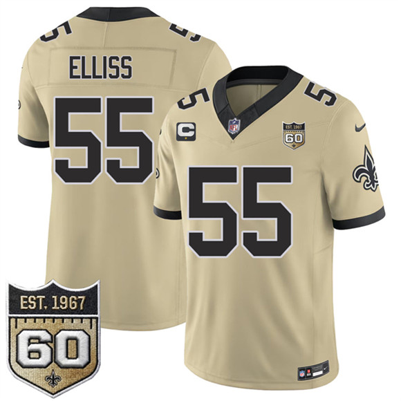 New Orleans Saints #55 Kaden Elliss Gold 2026 F.U.S.E With 1-Star C Patch And 60th Anniversary Patch Vapor Limited Football Stitched Jersey