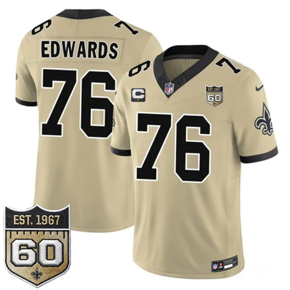 New Orleans Saints #76 David Edwards Gold 2026 F.U.S.E With 1-Star C Patch And 60th Anniversary Patch Vapor Limited Football Stitched Jersey New Orleans Saints #76 David Edwards Gold 2026 F.U.S.E With 1-Star C Patch And 60th Anniversary Patch Vapor Limited Football Stitched Jersey